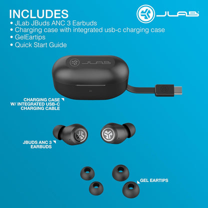 JLab JBuds ANC 3 Smart Active Noise Cancelling Earbuds, Bluetooth Earphones, 42+ Hr Playtime Wireless Headphones, IP55 Sweat-Resistant In Ear Buds with Microphone, EQ3 Sound & USB Charging Case
