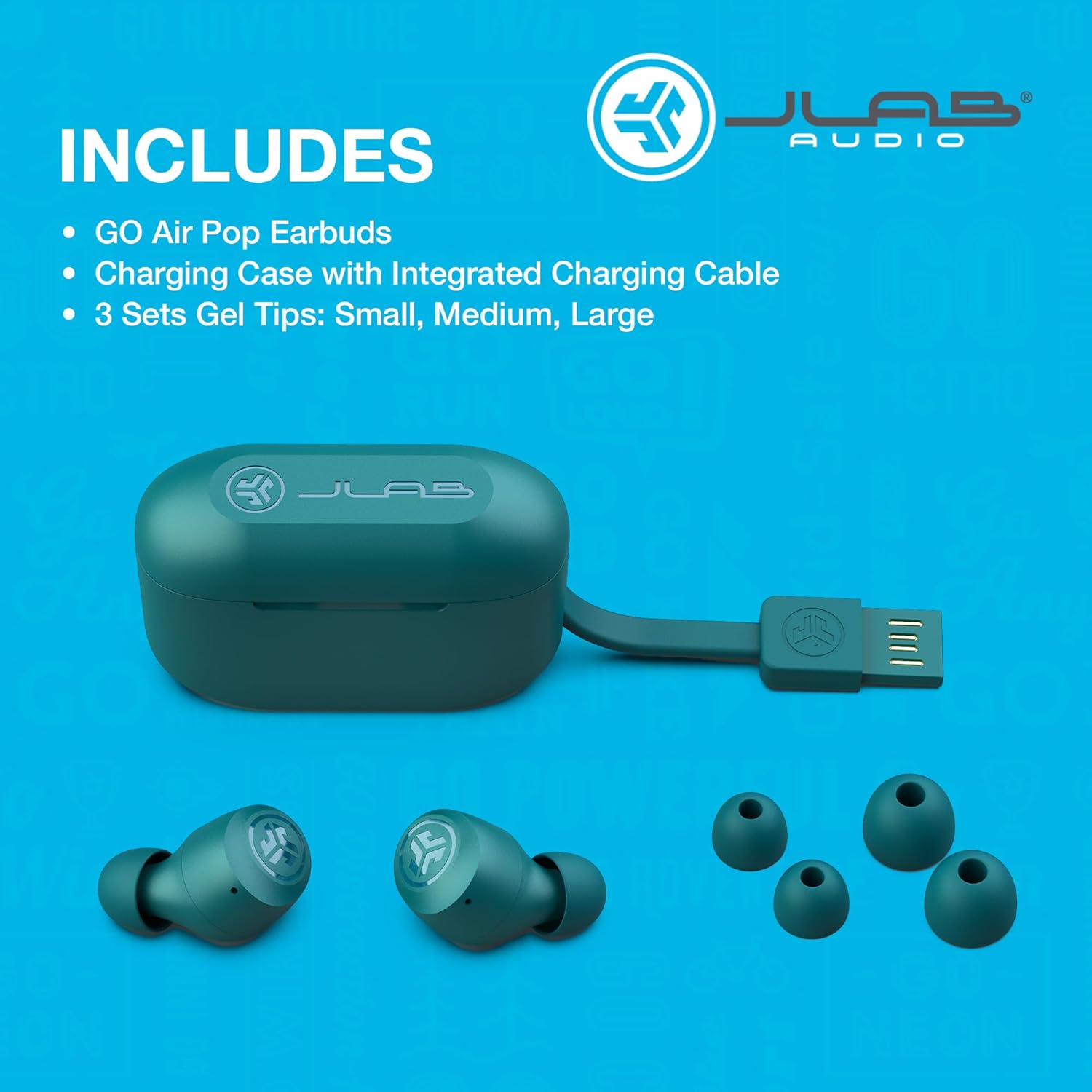 JLab Go Air Pop True Wireless Earbuds, In Ear Headphones, Bluetooth Earphones, Ear Buds with 32H Playtime, Bluetooth Earbuds with Microphone, USB Charging Case, Dual Connect, EQ3 Sound, Teal