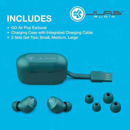 JLab Go Air Pop True Wireless Earbuds, In Ear Headphones, Bluetooth Earphones, Ear Buds with 32H Playtime, Bluetooth Earbuds with Microphone, USB Charging Case, Dual Connect, EQ3 Sound, Teal