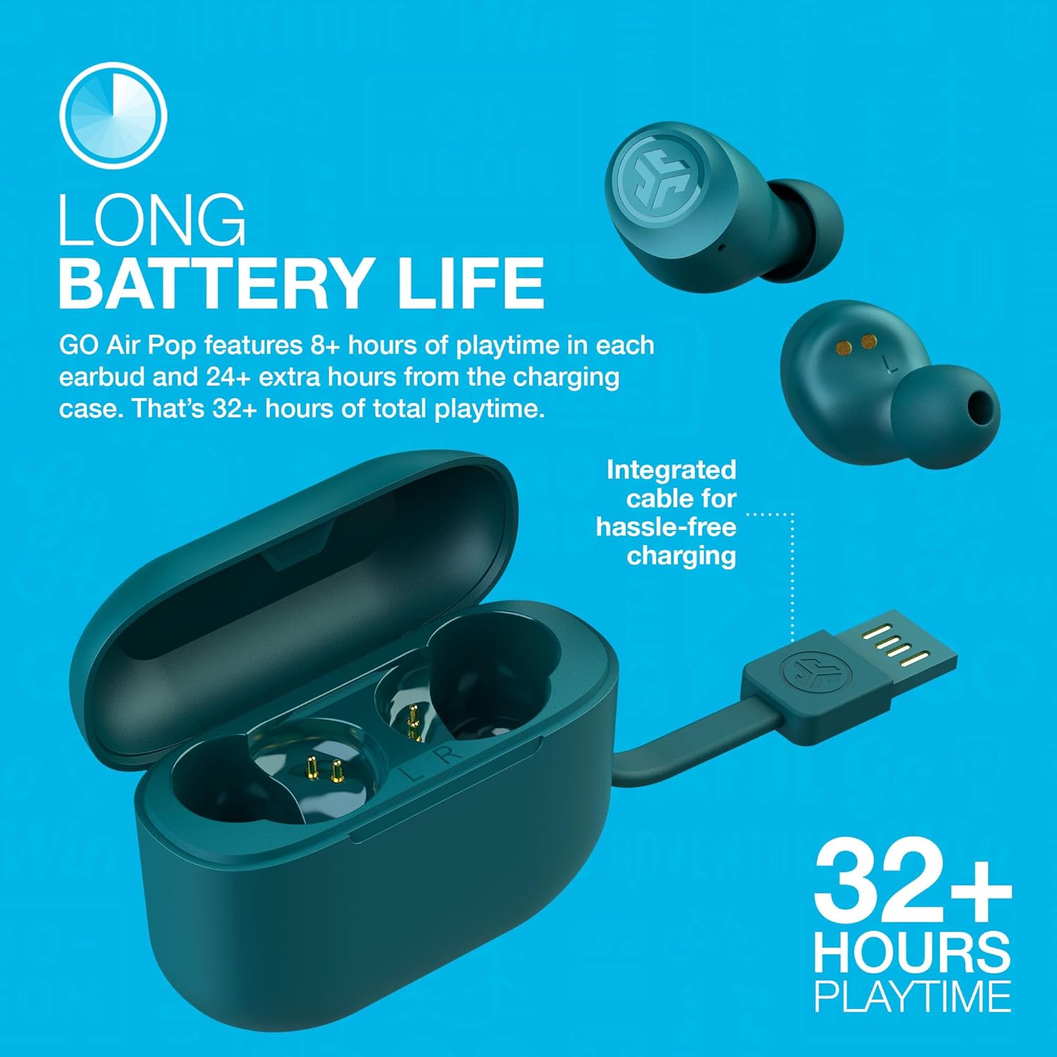 JLab Go Air Pop True Wireless Earbuds, In Ear Headphones, Bluetooth Earphones, Ear Buds with 32H Playtime, Bluetooth Earbuds with Microphone, USB Charging Case, Dual Connect, EQ3 Sound, Teal