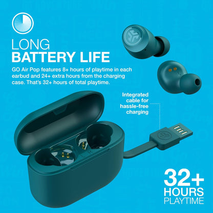 JLab Go Air Pop True Wireless Earbuds, In Ear Headphones, Bluetooth Earphones, Ear Buds with 32H Playtime, Bluetooth Earbuds with Microphone, USB Charging Case, Dual Connect, EQ3 Sound, Teal
