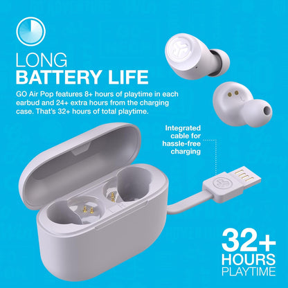 JLab Go Air Pop True Wireless Earbuds, In Ear Headphones, Bluetooth Earphones, Ear Buds with 32H Playtime, Bluetooth Earbuds with Microphone, USB Charging Case, Dual Connect, EQ3 Sound, Lilac