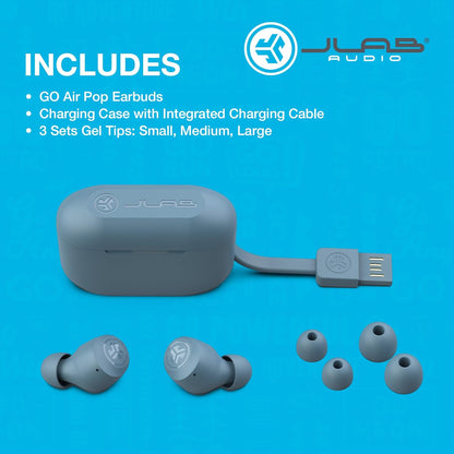 JLab Go Air Pop True Wireless Earbuds, In Ear Headphones, Bluetooth Earphones, Ear Buds with 32H Playtime, Bluetooth Earbuds with Microphone, USB Charging Case, Dual Connect, EQ3 Sound, Slate