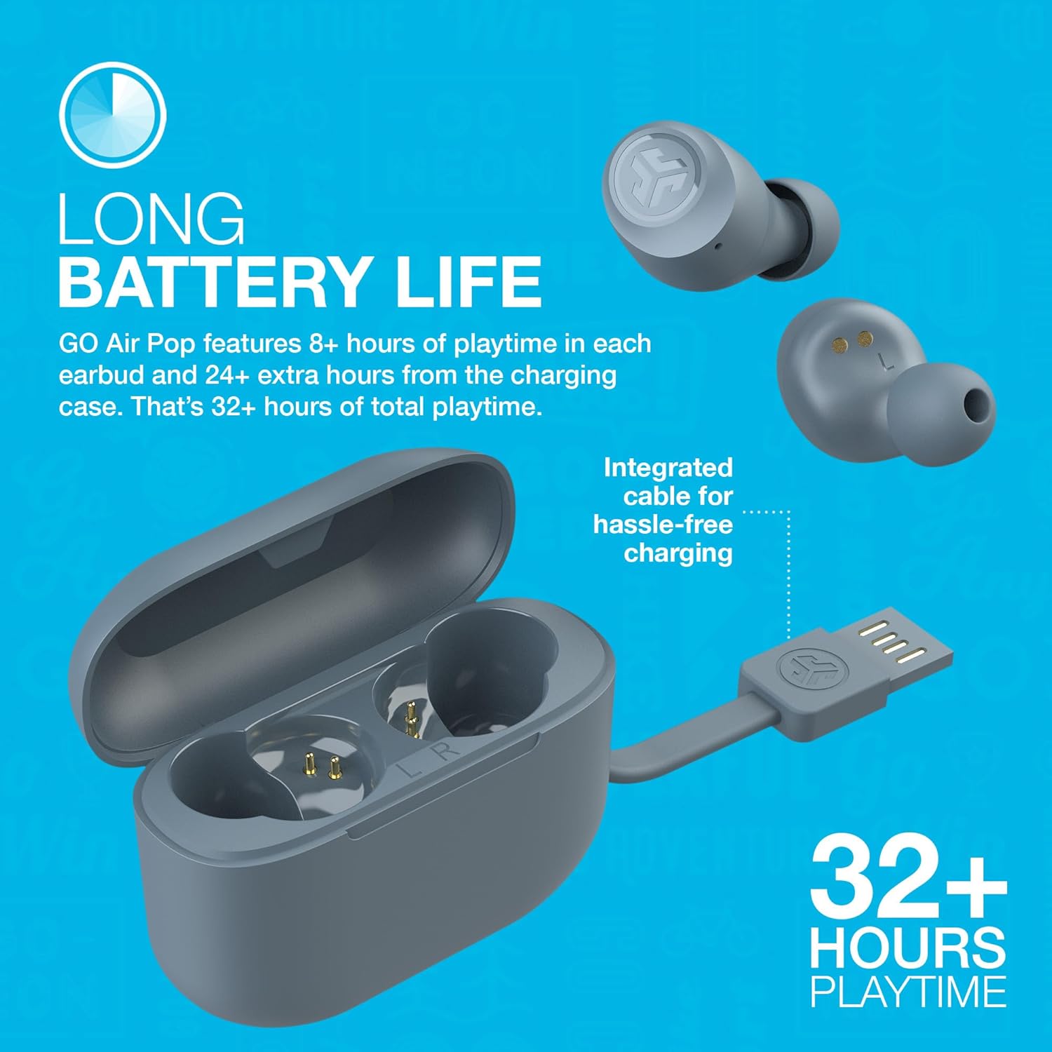 JLab Go Air Pop True Wireless Earbuds, In Ear Headphones, Bluetooth Earphones, Ear Buds with 32H Playtime, Bluetooth Earbuds with Microphone, USB Charging Case, Dual Connect, EQ3 Sound, Slate