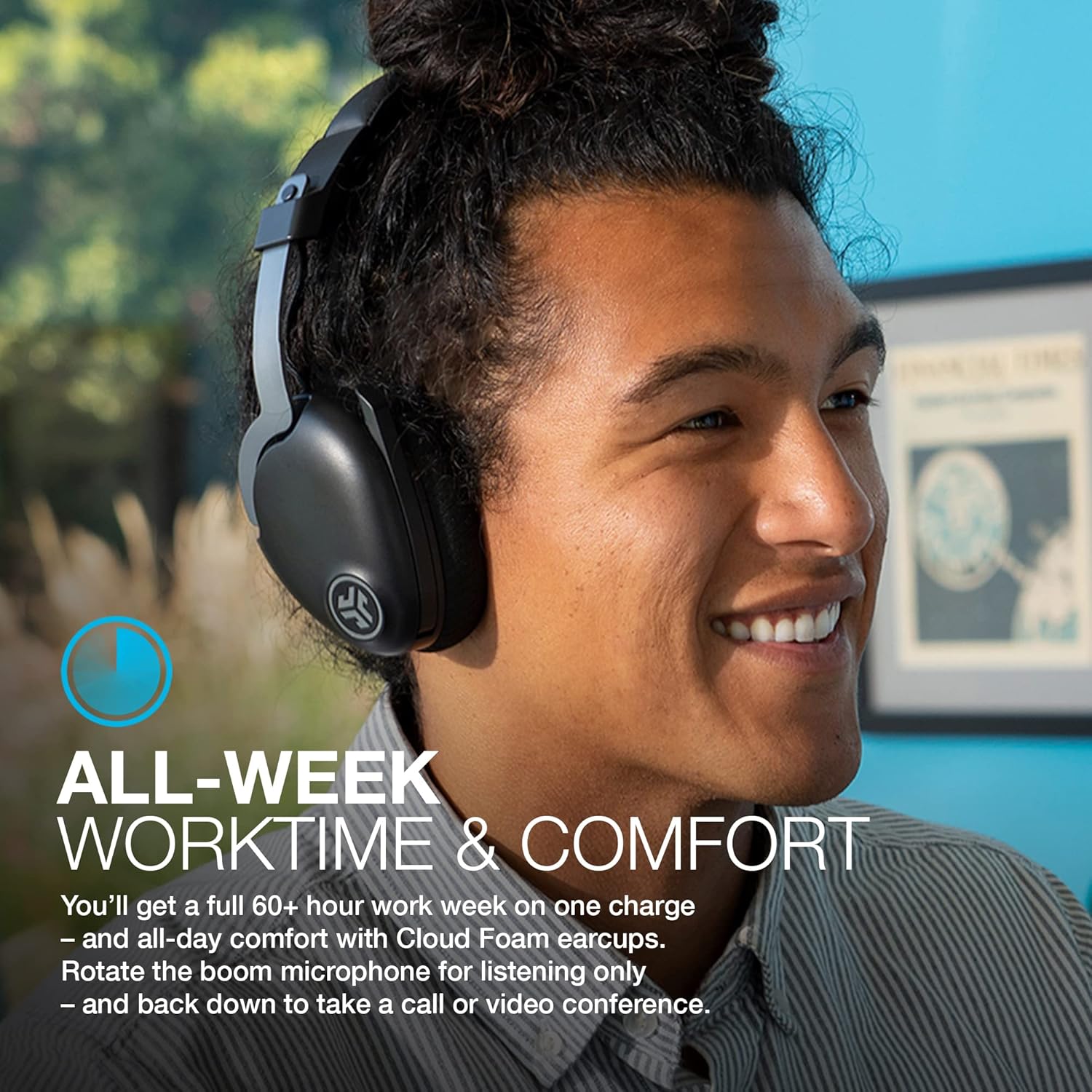 JLab JBuds Work Wireless Headsets with Microphone - 60+ H Bluetooth Computer Headset for PC, Teams, Office, Multipoint Connect, Over Ear Wired or Wireless Laptop Headphones with Microphone