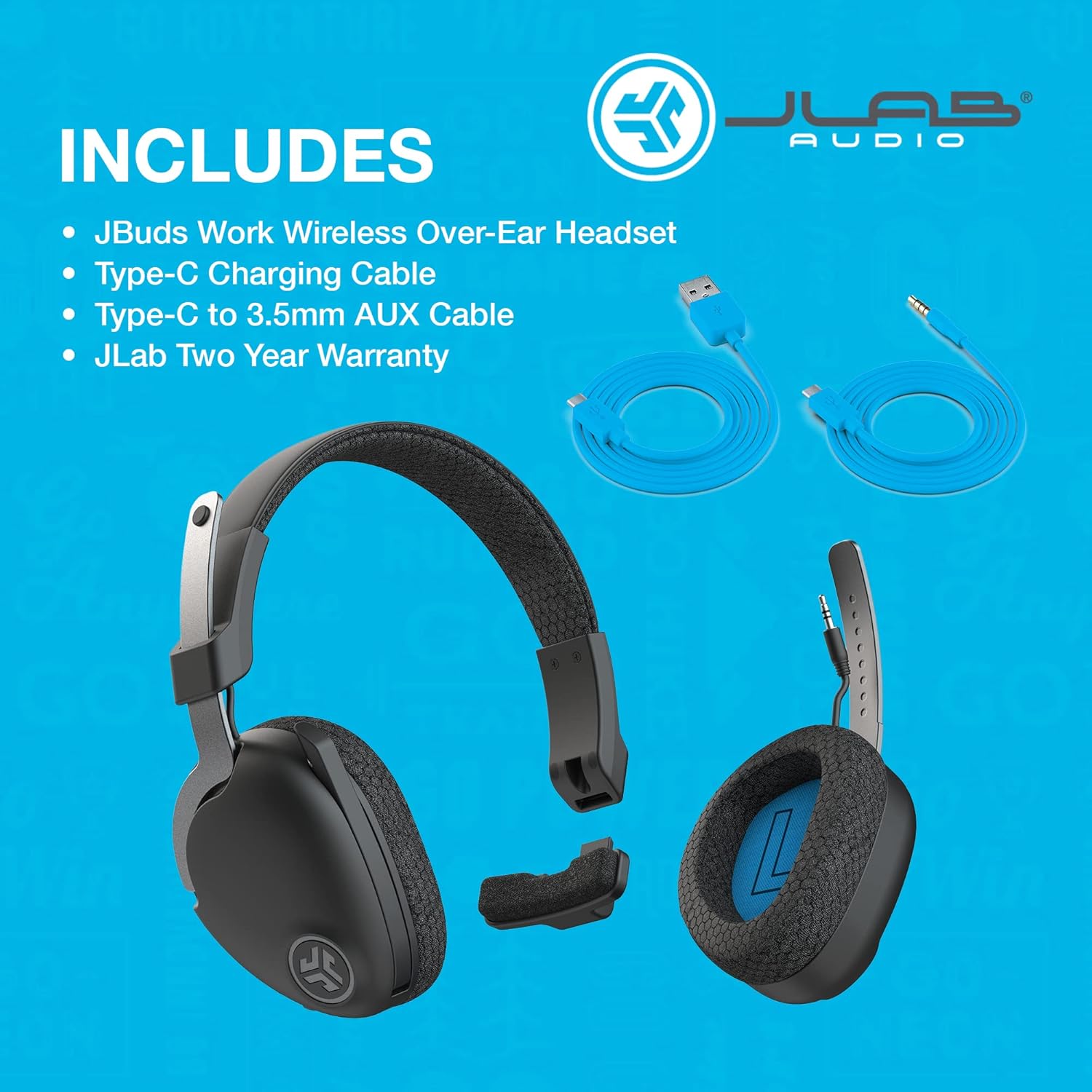 JLab JBuds Work Wireless Headsets with Microphone - 60+ H Bluetooth Computer Headset for PC, Teams, Office, Multipoint Connect, Over Ear Wired or Wireless Laptop Headphones with Microphone