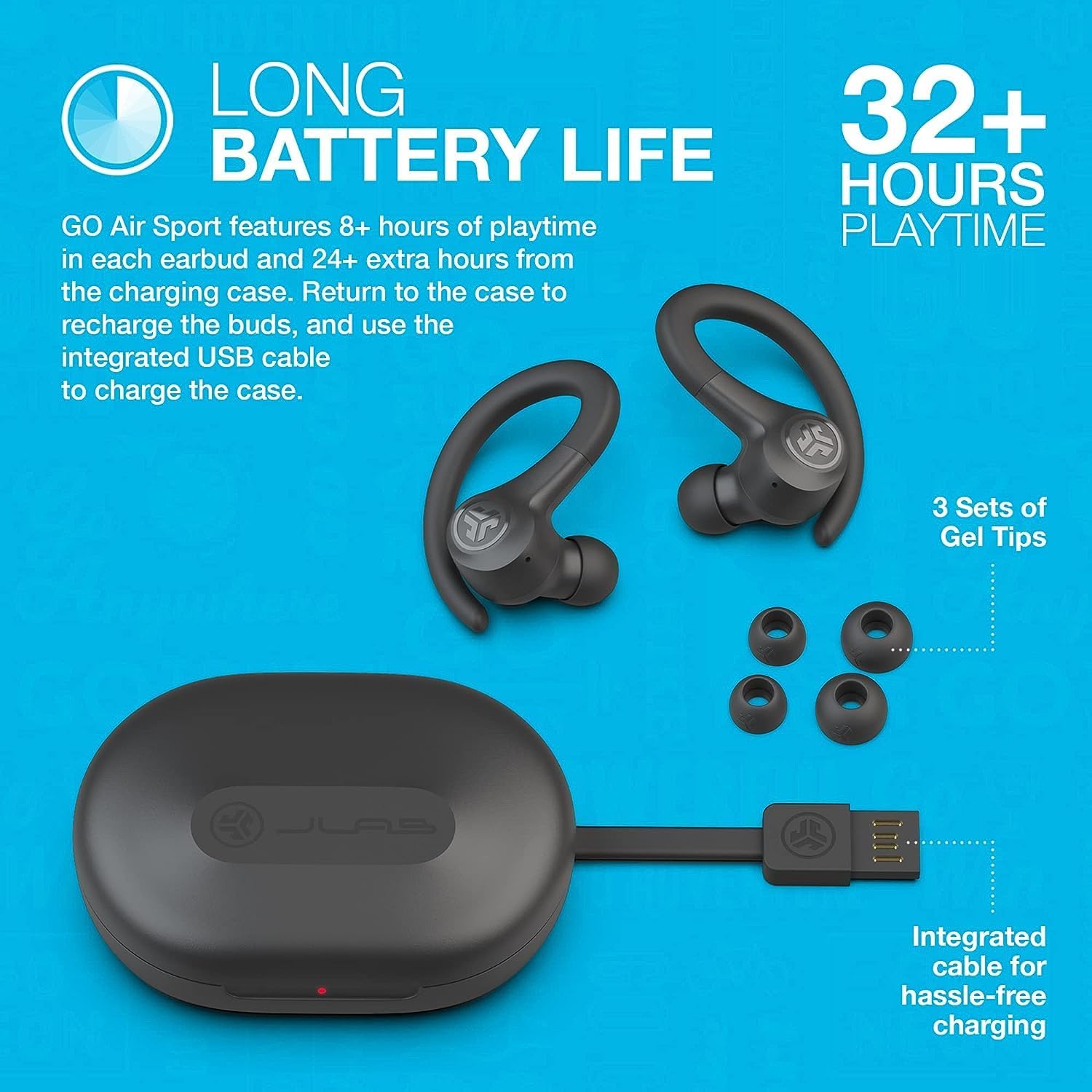 JLab Go Air Sport Running Headphones - True Wireless Earphones Bluetooth, Hook Over Ear Earbuds for Sports & Gym, 32+ H Playtime In Ear Buds, IP55 Sweat-Resistant, EQ3 Sound, Graphite