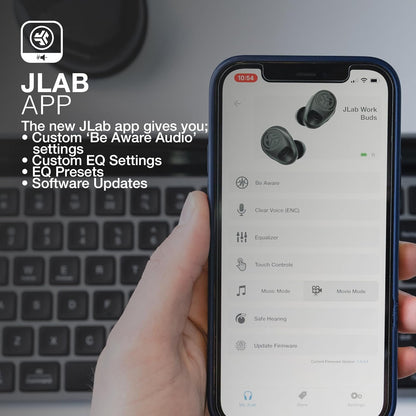 JLab Work Buds True Wireless Earbud Headset, Bluetooth Earphones with Detachable Microphone - 55+ Total Playtime, Office PC Headphones with Multipoint Connect to Computer, Laptop & Mobile