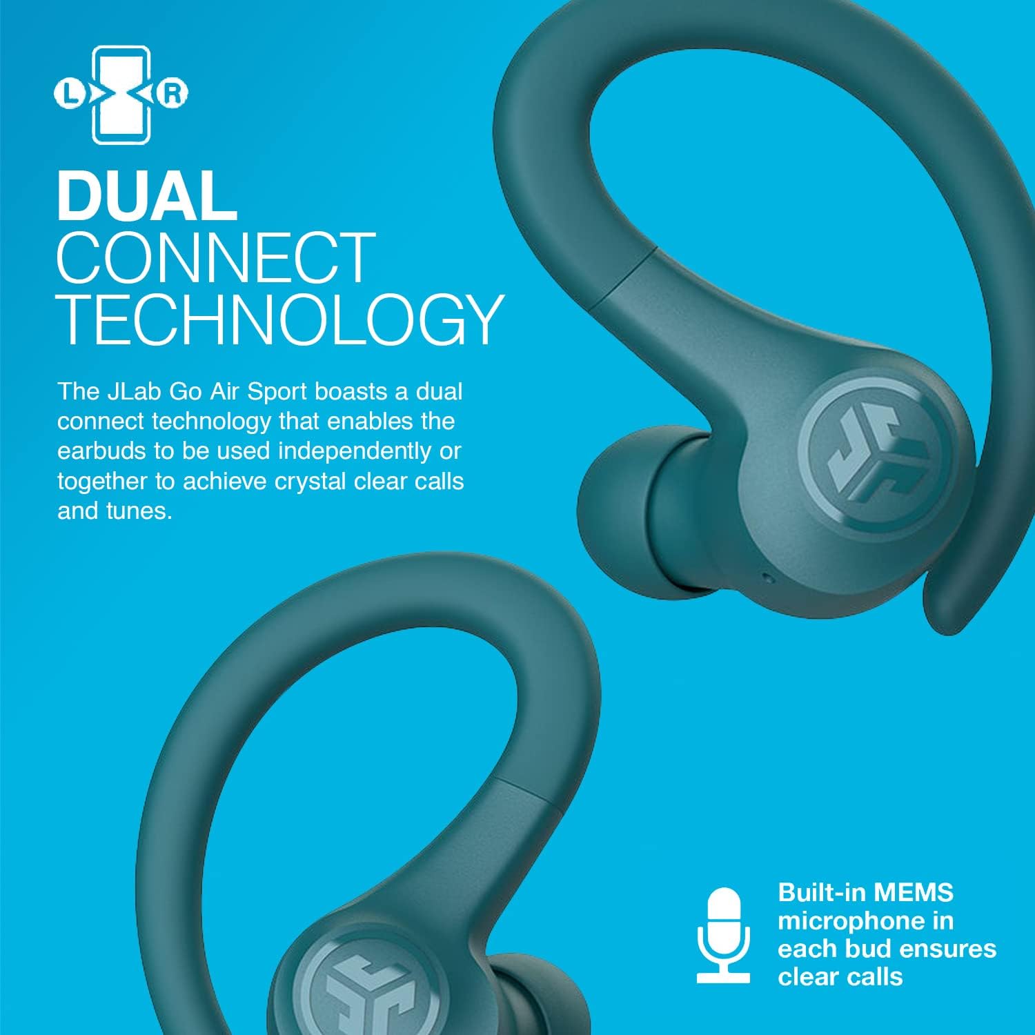 JLab Go Air Sport Running Headphones - True Wireless Earphones Bluetooth, Hook Over Ear Earbuds for Sports & Gym, 32+ H Playtime In Ear Buds, IP55 Sweat-Resistant, EQ3 Sound, Teal
