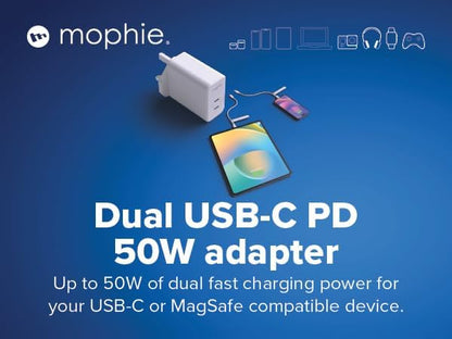 ZAGG mophie Essentials 50W Dual USB-C Fast Charger, Power Delivery PD UK Wall Adapter for iPhone, iPad, MacBook Air, Samsung Galaxy, and More - Charge 2 Devices Simultaneously (White)