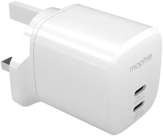 ZAGG mophie Essentials 50W Dual USB-C Fast Charger, Power Delivery PD UK Wall Adapter for iPhone, iPad, MacBook Air, Samsung Galaxy, and More - Charge 2 Devices Simultaneously (White)