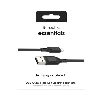 ZAGG mophie Essentials USB-A to Lightning Fast Charger and Data Transfer Cable, Enduraflex Silicone, Long-Lasting, Heavy-Duty, 12W, 1m, Black
