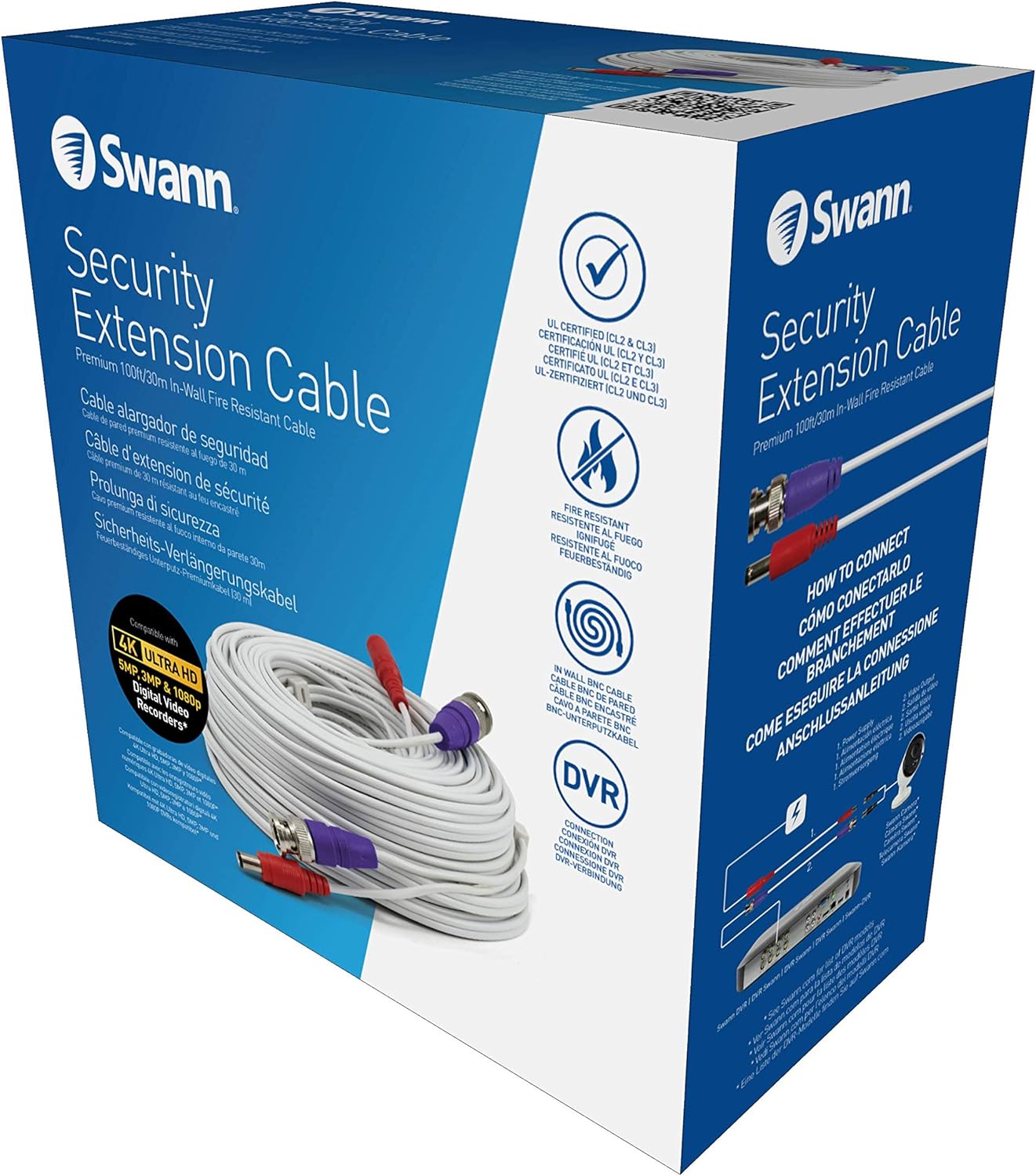 Swann 30m Security Extension Cable with BNC Connectors & Fire Rated UL Rating for DVR Security Cameras & Systems, White