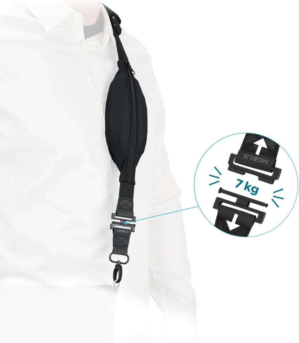 MOBILIS Universal Shoulder Strap with Safety Detachment System & Expandable Storage Pocket, 2 Hanging Points, High Strength Strap, Black, One size