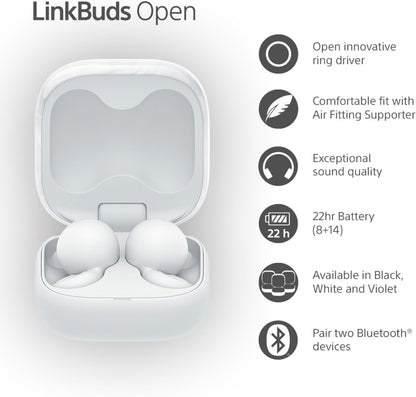Sony LinkBuds Open – Truly Wireless Bluetooth Open Ear Buds - Transparent Sound, All Day Comfort 5.1g, High Sound Quality,IPX4, Multipoint Connection, 22Hrs Battery, iOS & Android – White
