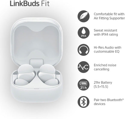 Sony LinkBuds Fit – Truly Wireless Noise Cancelling Bluetooth Earbuds - All Day Comfort, IPX4, Hi-Res Audio, Ambient Sound Mode, 21Hrs Battery Life, Multipoint Connection, iOS & Android - White