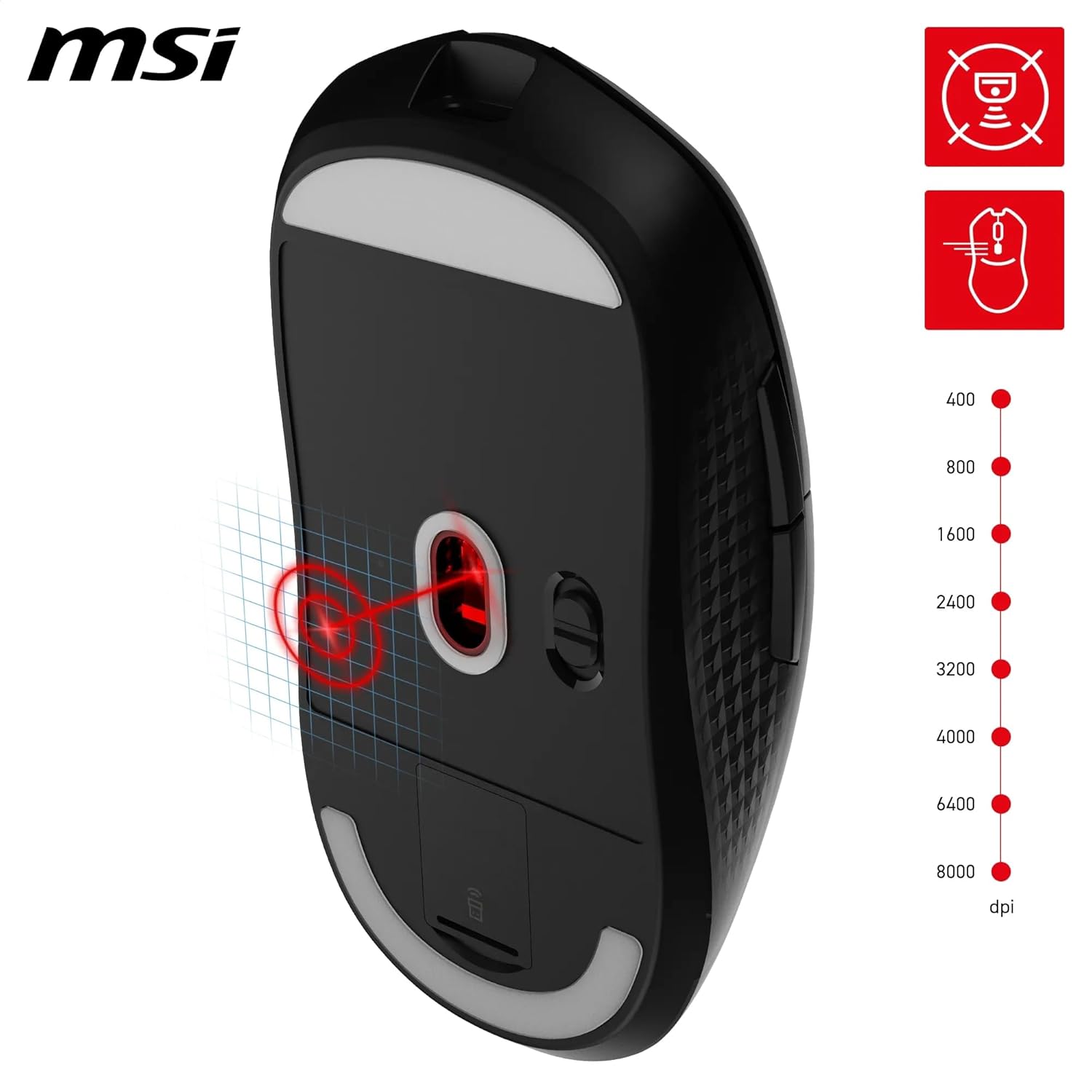 MSI Versa 300 Wireless Souris Gaming - Capteur Optique 8000 DPI, taux de Rapport 1000 Hz, symétrique, Micro-switches Kailh 30M+ clics, 6 Boutons, Batterie 50h, Latence 1ms, RGB, 60g - avec/sans Fil