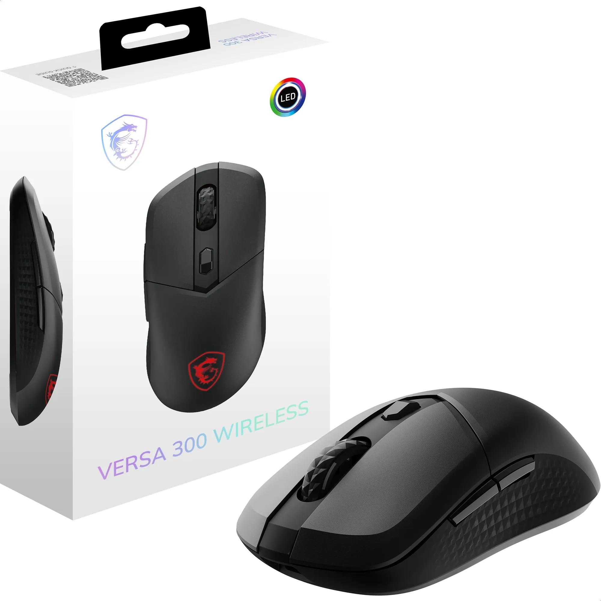 MSI Versa 300 Wireless Souris Gaming - Capteur Optique 8000 DPI, taux de Rapport 1000 Hz, symétrique, Micro-switches Kailh 30M+ clics, 6 Boutons, Batterie 50h, Latence 1ms, RGB, 60g - avec/sans Fil