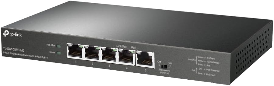 TP-Link 5-Port 2.5G Desktop Switch with 4-Port PoE++, 60W Budget for PoE++ port,123 W for all PoE, Auto Recovery, Compliance with IEEE 802.3af/at/bt, Durable Metal Casing,Plug and Play(TL-SG105PP-M2)