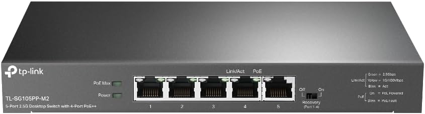 TP-Link 5-Port 2.5G Desktop Switch with 4-Port PoE++, 60W Budget for PoE++ port,123 W for all PoE, Auto Recovery, Compliance with IEEE 802.3af/at/bt, Durable Metal Casing,Plug and Play(TL-SG105PP-M2)
