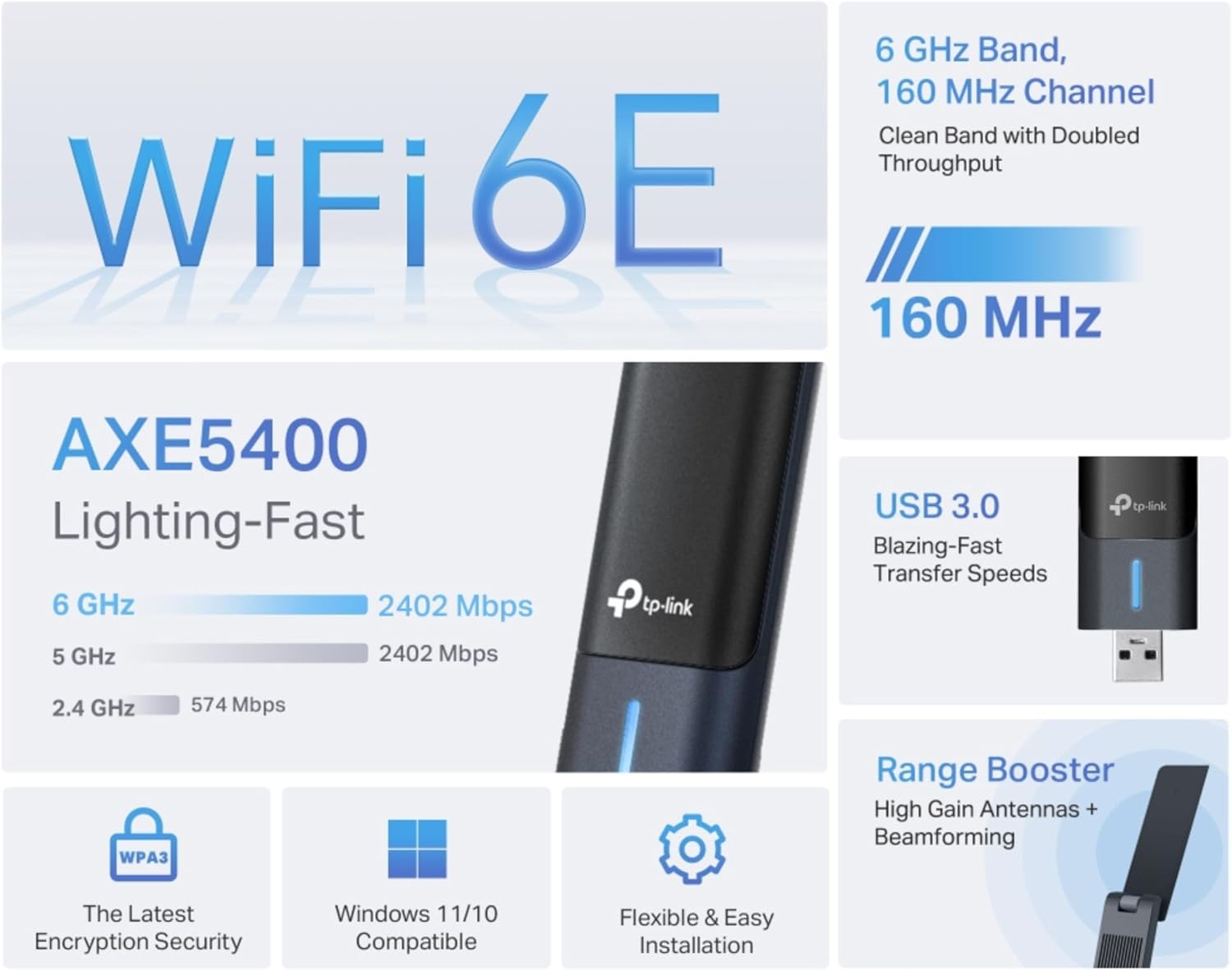 TP-Link AXE5400 Wi-Fi 6E Multi-Angle High Gain Tri-Band Wireless USB 3.0 Adapter, 6 GHz band, Works with Windows 11/10, Flexible & Easy Installation (Archer TXE70UH)