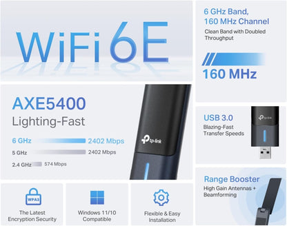 TP-Link AXE5400 Wi-Fi 6E Multi-Angle High Gain Tri-Band Wireless USB 3.0 Adapter, 6 GHz band, Works with Windows 11/10, Flexible & Easy Installation (Archer TXE70UH)