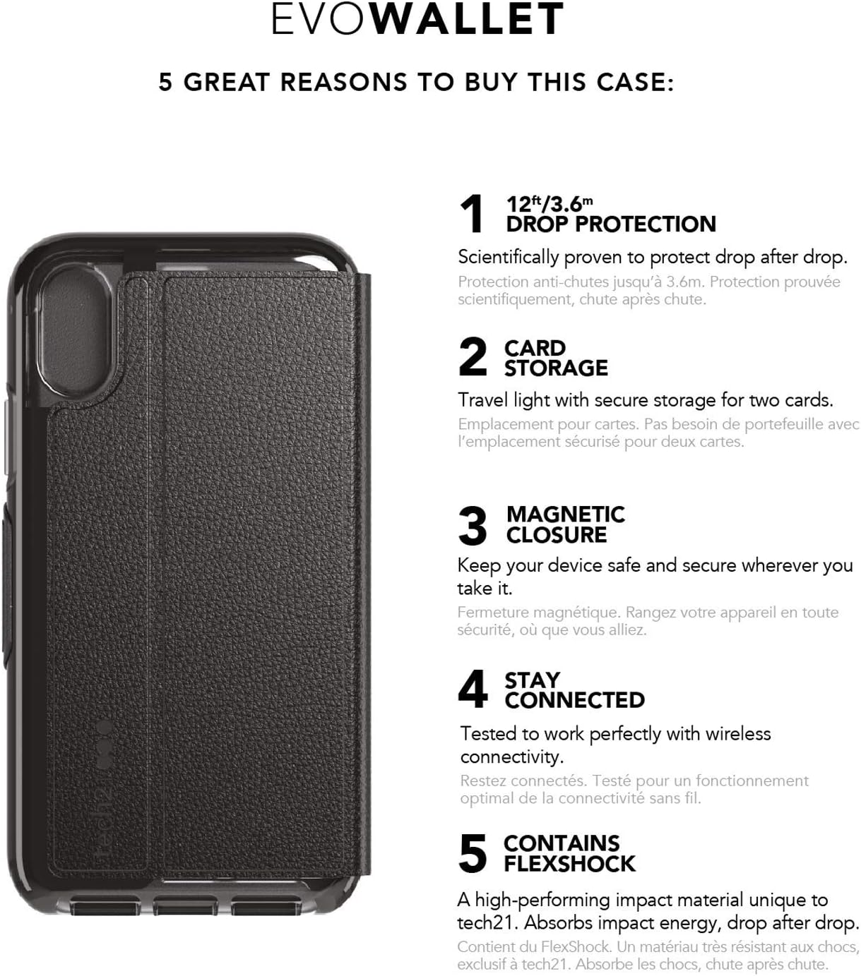 Tech21 Protective Wallet Case for Apple iPhone XR Magnetic Closing Cover with Card Storage - Evo Wallet - Black