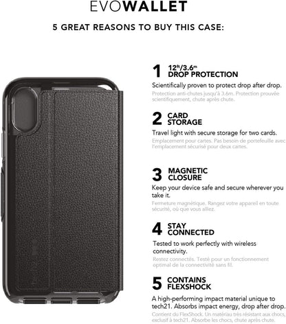 Tech21 Protective Wallet Case for Apple iPhone XR Magnetic Closing Cover with Card Storage - Evo Wallet - Black