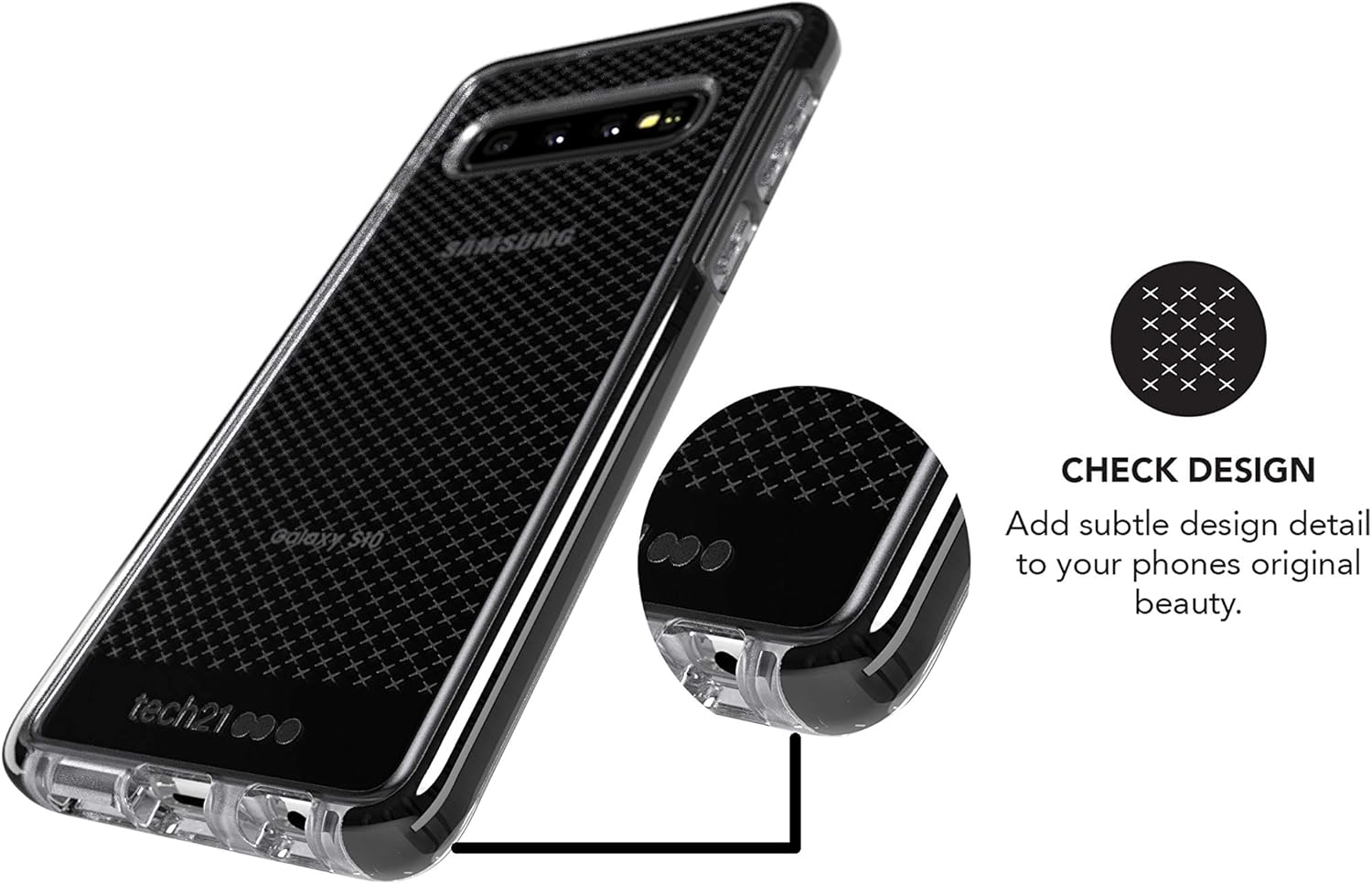 Tech21 Protective Samsung Galaxy S10 Case Thin Patterned Back Cover with FlexShock - Evo Check - Smokey Black Smokey/Black