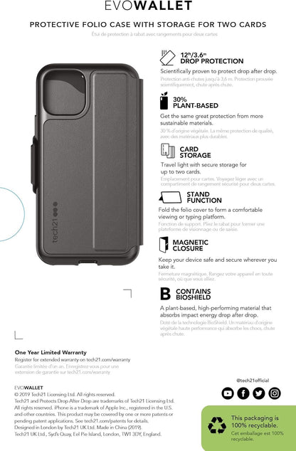 Tech21 Protective Wallet Case for Apple iPhone 11 Pro Max Magnetic Closing Cover with Card Storage - Evo Wallet - Black
