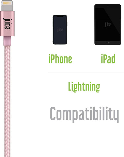 Juice Apple iPhone Lightning 2 m Braided Charger and Sync Cable for Apple iPhone 13, 13 Pro, 12, 12 Mini, SE, 11, XS, XR, X, 8, 7, 6, 5, iPad, Pro, Air, Mini, Airpods Pro- Rose Gold