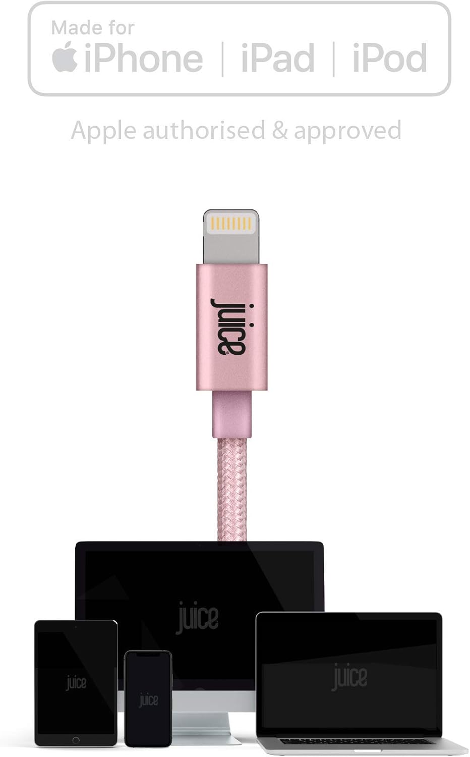 Juice Apple iPhone Lightning 2 m Braided Charger and Sync Cable for Apple iPhone 13, 13 Pro, 12, 12 Mini, SE, 11, XS, XR, X, 8, 7, 6, 5, iPad, Pro, Air, Mini, Airpods Pro- Rose Gold