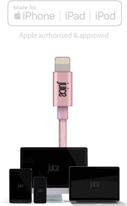 Juice Apple iPhone Lightning 2 m Braided Charger and Sync Cable for Apple iPhone 13, 13 Pro, 12, 12 Mini, SE, 11, XS, XR, X, 8, 7, 6, 5, iPad, Pro, Air, Mini, Airpods Pro- Rose Gold