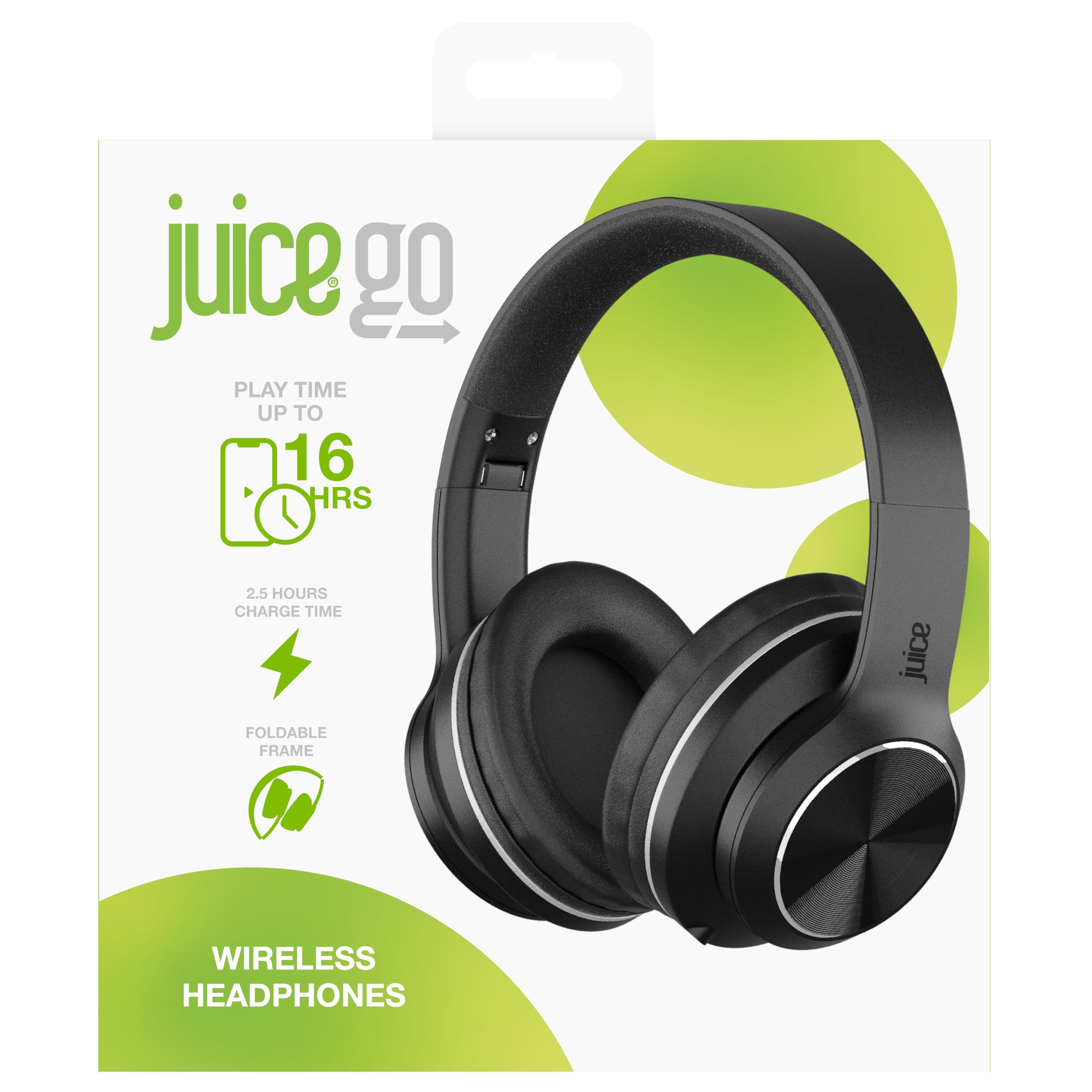 Juice Cans Go Wireless Headphones - Bluetooth, 16 Hours Playtime, 2.5 Hour Charging Time, Foldable Frame, On Body Controls, AUX For Wired Play (Black