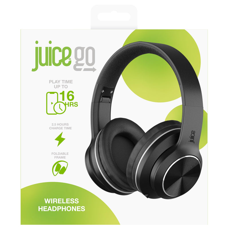 Juice Cans Go Wireless Headphones - Bluetooth, 16 Hours Playtime, 2.5 Hour Charging Time, Foldable Frame, On Body Controls, AUX For Wired Play (Black