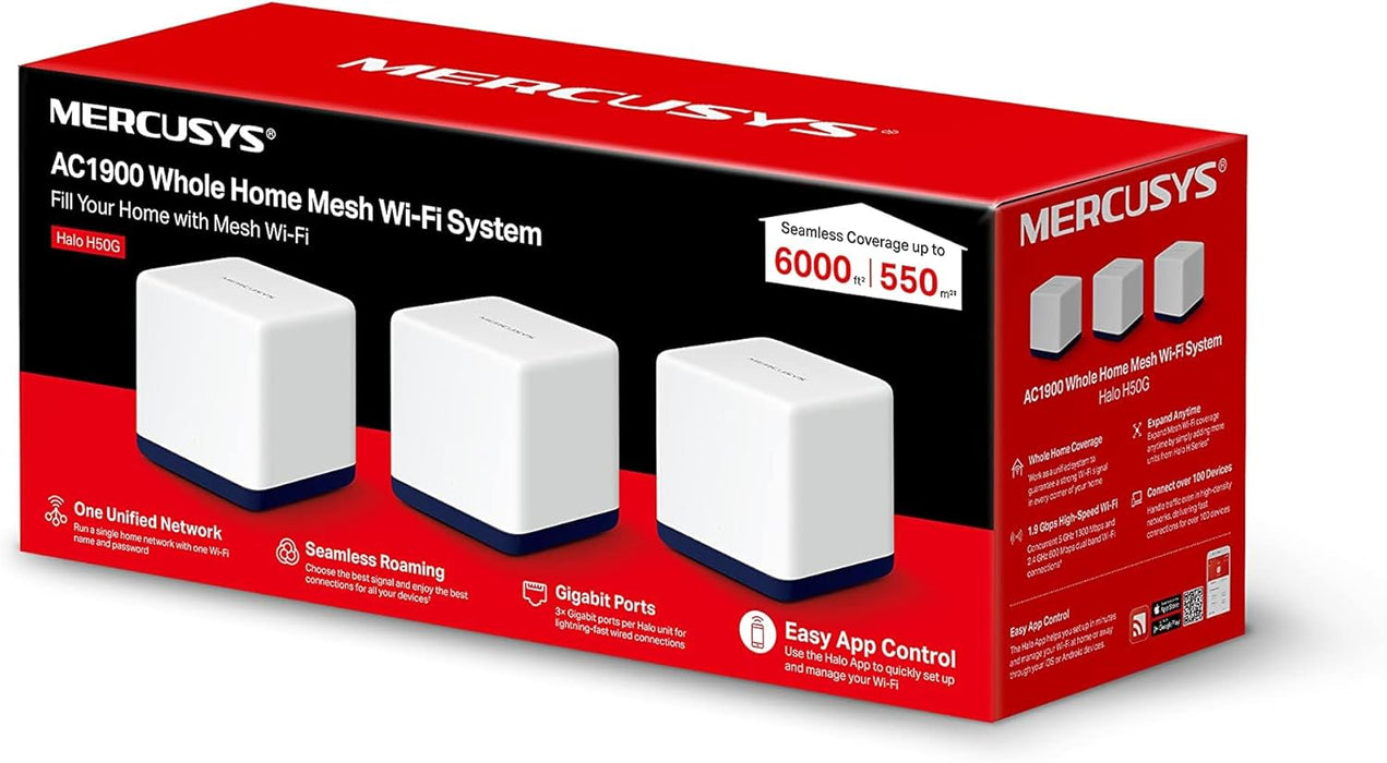 Mercusys AC1900 Mesh WiFi, Whole Home Mesh WiFi Extender Booster Covers up to 6,000 ft² (550 m²), Connect over 100 Devices, Dual Band Wi-Fi, Easy App Control, Halo H50G(3-pack) (Packaging may vary)