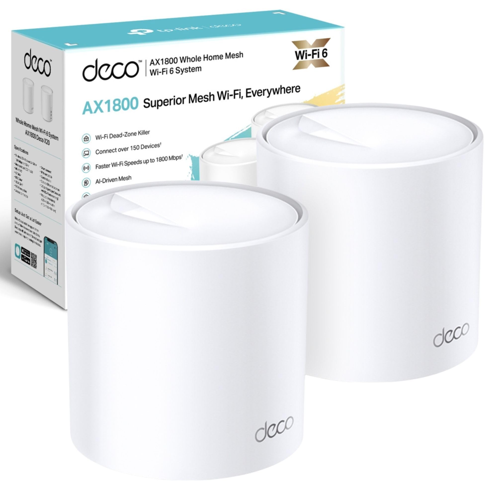 TP-Link Deco X20 AX1800 Whole Home Mesh Wi-Fi 6 System, AI-Driven Mesh, Up to 4,000 sq ft Coverage, 1 GHz Quad-Core CPU, Compatible with Amazon Alexa, With TP-Link HomeShield's kit, Pack of 2, White AX1800 WiFi 6 2 Pack