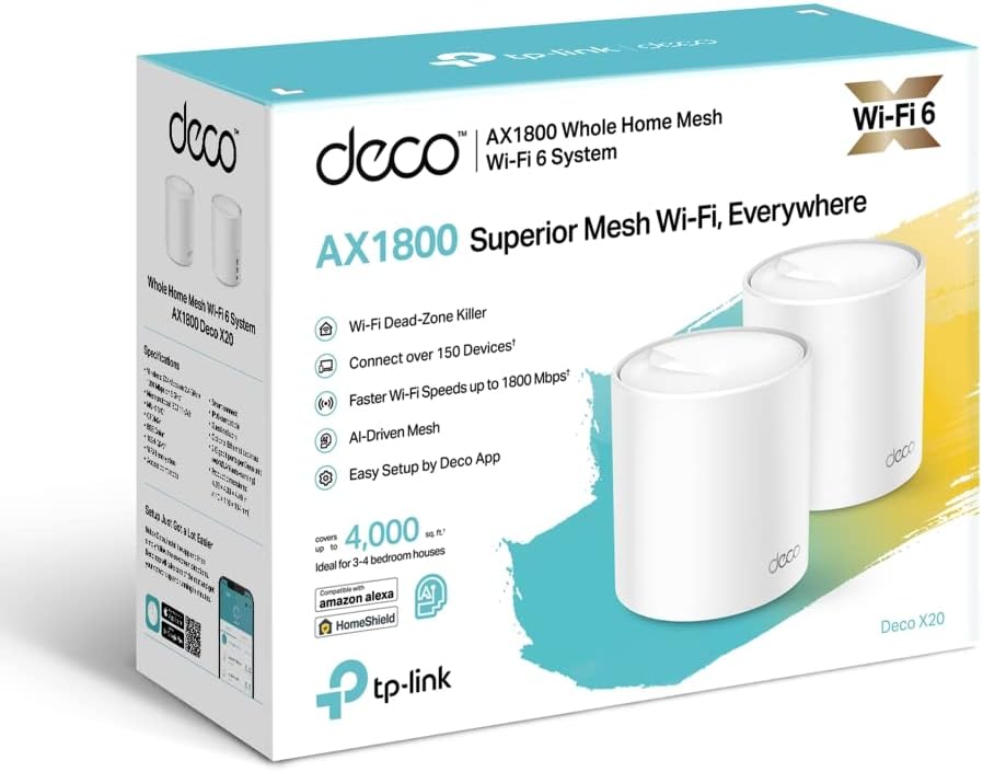 TP-Link Deco X20 AX1800 Whole Home Mesh Wi-Fi 6 System, AI-Driven Mesh, Up to 4,000 sq ft Coverage, 1 GHz Quad-Core CPU, Compatible with Amazon Alexa, With TP-Link HomeShield's kit, Pack of 2, White AX1800 WiFi 6 2 Pack