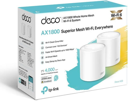 TP-Link Deco X20 AX1800 Whole Home Mesh Wi-Fi 6 System, AI-Driven Mesh, Up to 4,000 sq ft Coverage, 1 GHz Quad-Core CPU, Compatible with Amazon Alexa, With TP-Link HomeShield's kit, Pack of 2, White AX1800 WiFi 6 2 Pack