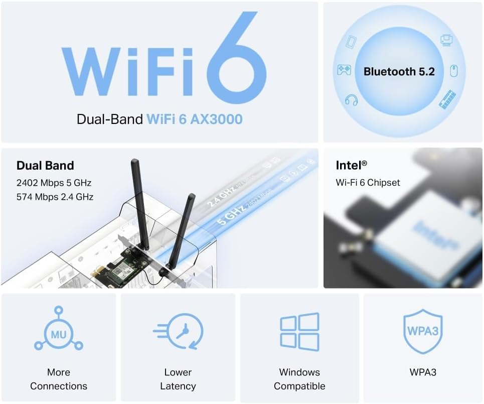 MERCUSYS AX3000 Dual-Band 5.2 PCIe Wi-Fi Card, Wi-Fi 6 Bluetooth Adapter with Two Antennas, OFDMA, MU-MIMO,Low Latency, Intel® Wi-Fi 6 Chipset, ideal for Game and 4K,Latest WPA3,Windows 10-11(MA80XE) AX300 WiFi 6, Bluetooth 5.2, Pcle Adapter