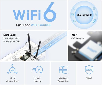 MERCUSYS AX3000 Dual-Band 5.2 PCIe Wi-Fi Card, Wi-Fi 6 Bluetooth Adapter with Two Antennas, OFDMA, MU-MIMO,Low Latency, Intel® Wi-Fi 6 Chipset, ideal for Game and 4K,Latest WPA3,Windows 10-11(MA80XE) AX300 WiFi 6, Bluetooth 5.2, Pcle Adapter