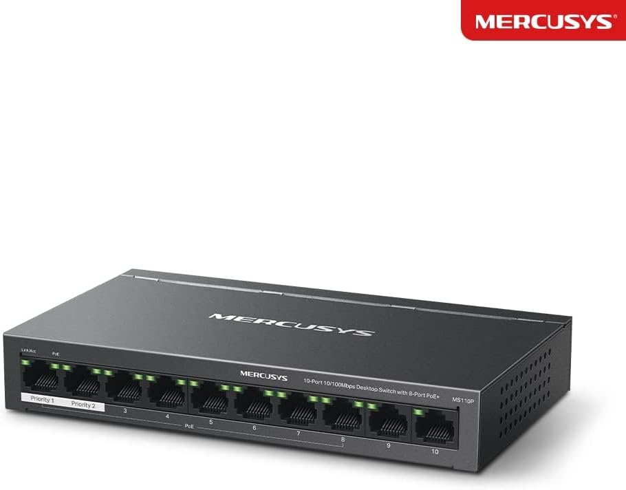 MERCUSYS 10-Port 10/100Mbps Desktop Switch with 8-Port PoE+, PoE Power Budget 65W, compatible with 802.3af/at PDs, Power management, metal case, Plug & Play, No Configuration Required (MS110P)