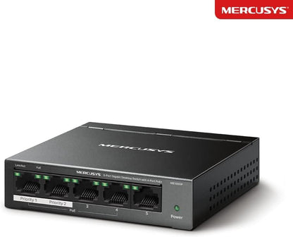 MERCUSYS 5-Port Gigabit Desktop Ethernet Switch with 4-Port PoE+, PoE Power Budget 65W, compatible with 802.3af/at PDs, Power management, metal case, Plug & Play, No Configuration Required (MS105GP)
