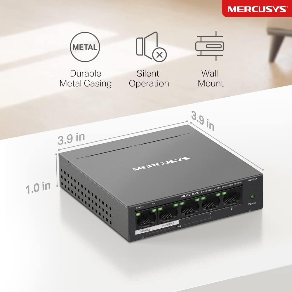 MERCUSYS 5-Port Gigabit Desktop Ethernet Switch with 4-Port PoE+, PoE Power Budget 65W, compatible with 802.3af/at PDs, Power management, metal case, Plug & Play, No Configuration Required (MS105GP)