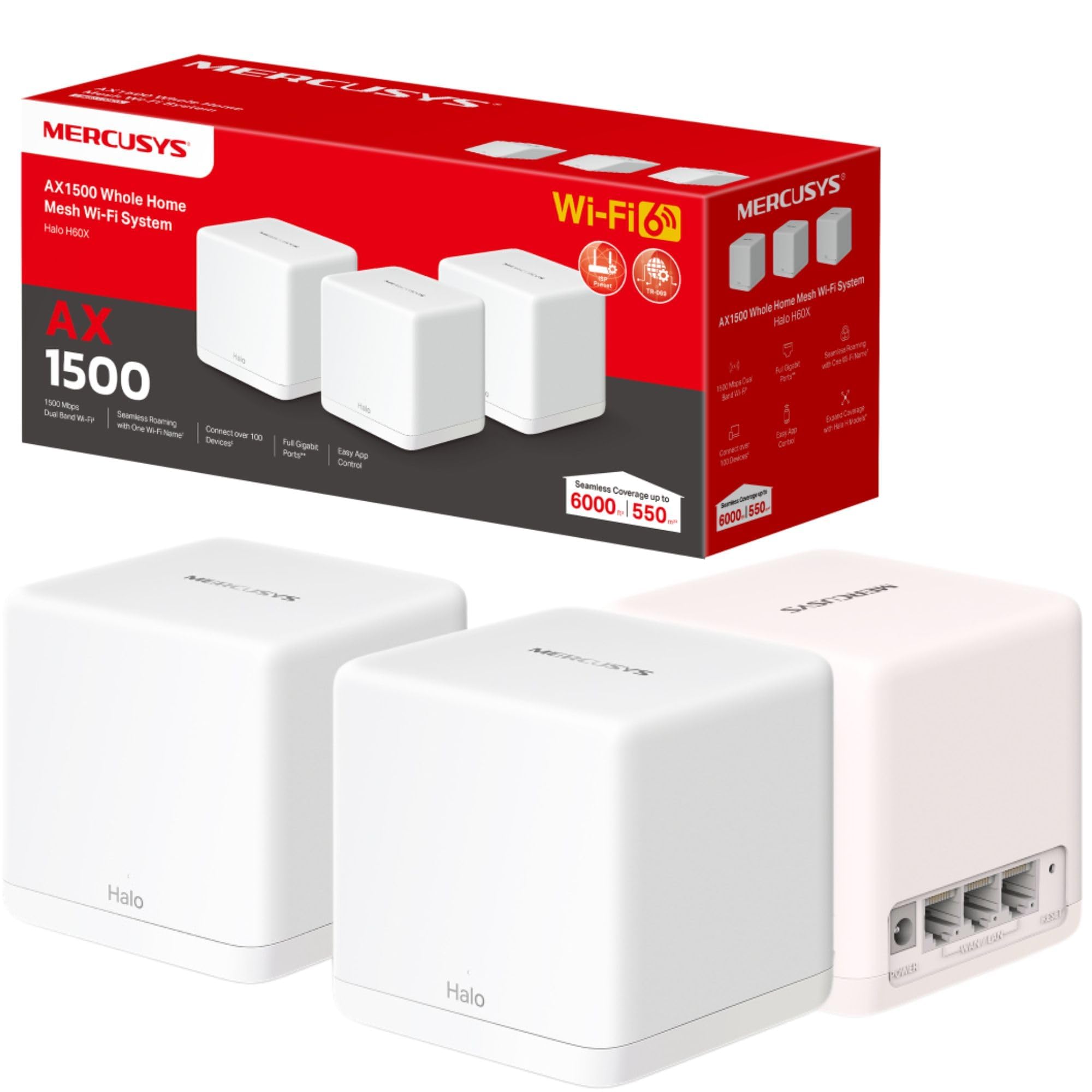 Mercusys Mesh WiFi, WiFi 6 1500 Mbps, WiFi Mesh Coverage up to 6,000 ft²(550 m²), Connect up to 100 Devices, 1024-QAM,Full Gigabit Ports, Dual Band Wifi Extender Booster, App Control,Halo H60X(3-pack)