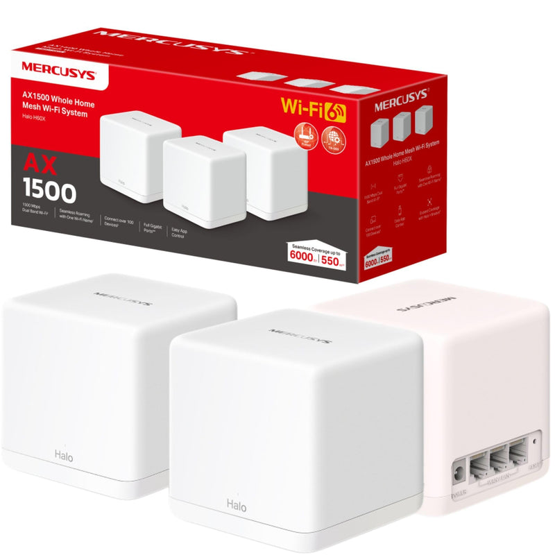 Mercusys Mesh WiFi, WiFi 6 1500 Mbps, WiFi Mesh Coverage up to 6,000 ft²(550 m²), Connect up to 100 Devices, 1024-QAM,Full Gigabit Ports, Dual Band Wifi Extender Booster, App Control,Halo H60X(3-pack)