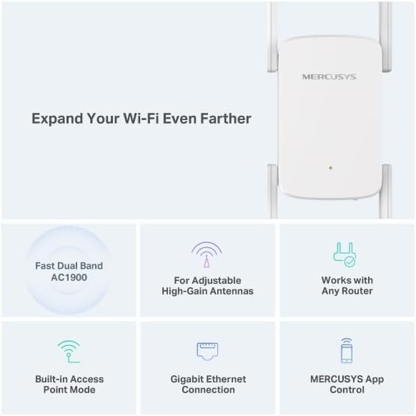 MERCUSYS ME50G AC1900Mbps WiFi Extender Booster, Internet Booster, Ethernet Port, EasyMesh, High-Gain Antennas, Access Point,WiFi Repeater,TP-Link WiFi Extender,App Control Easy Setup,UK Plug