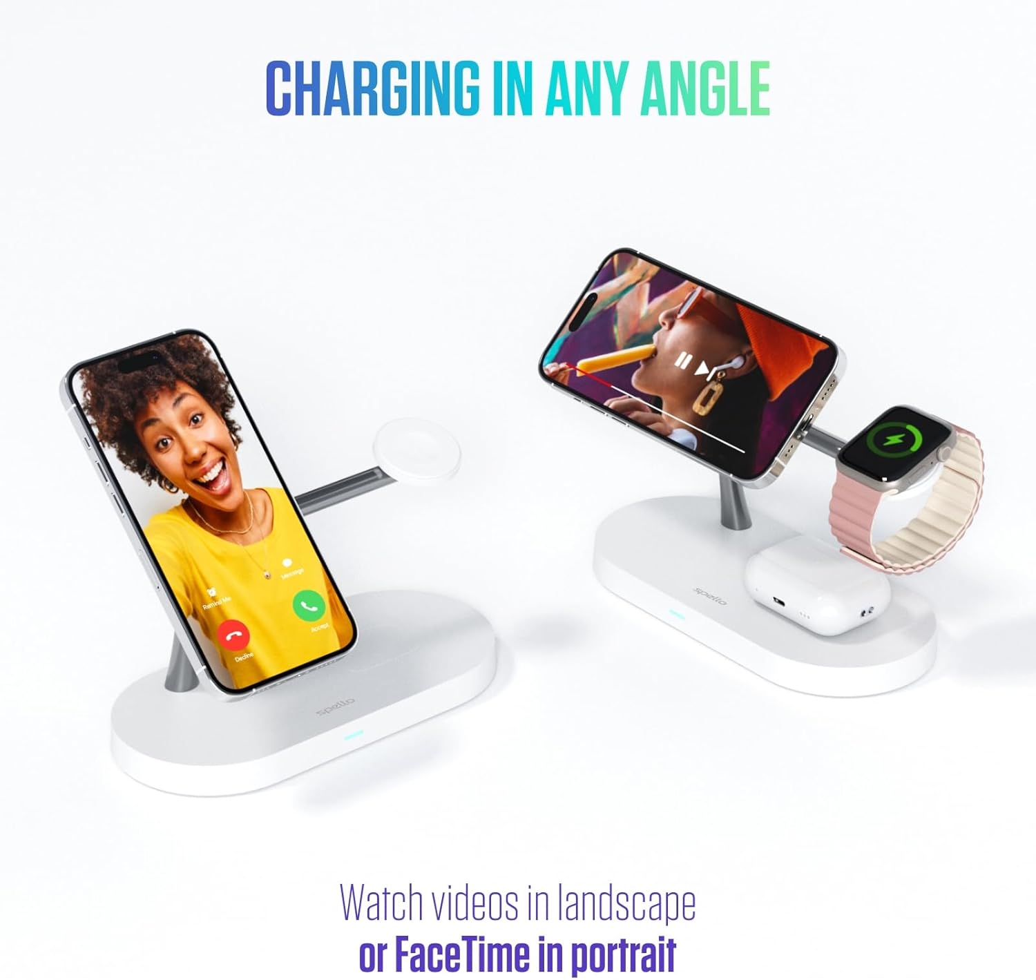 Spello Soporte de Carga inalámbrico magnético 3 en 1, Compatible con MagSafe, Carga para iPhone 15, 14, 13 y 12, Apple Watch y AirPods, con Puerto de Carga USB-A, Color Blanco