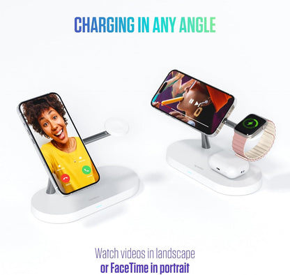 Spello Soporte de Carga inalámbrico magnético 3 en 1, Compatible con MagSafe, Carga para iPhone 15, 14, 13 y 12, Apple Watch y AirPods, con Puerto de Carga USB-A, Color Blanco