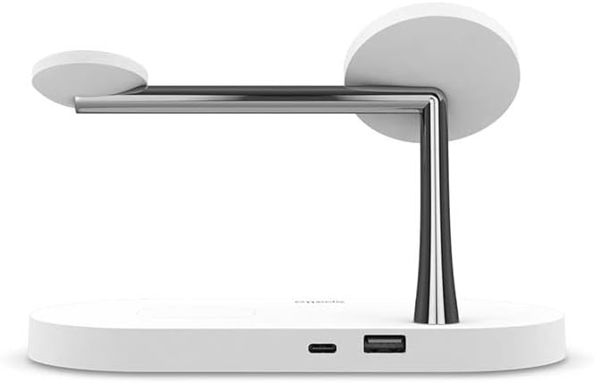 Spello Soporte de Carga inalámbrico magnético 3 en 1, Compatible con MagSafe, Carga para iPhone 15, 14, 13 y 12, Apple Watch y AirPods, con Puerto de Carga USB-A, Color Blanco